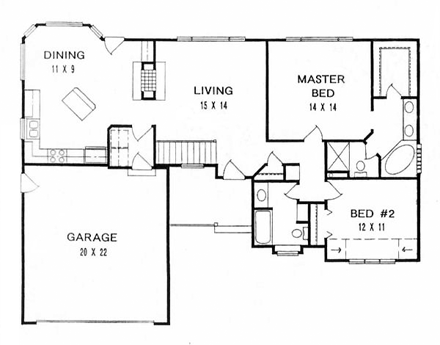 One-Story, Traditional House Plan 62548 with 2 Beds, 2 Baths, 2 Car Garage First Level Plan