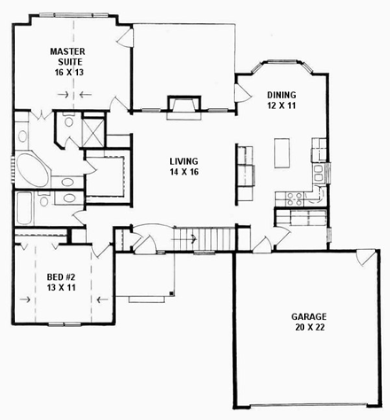 European, One-Story House Plan 62549 with 2 Beds, 2 Baths, 2 Car Garage First Level Plan
