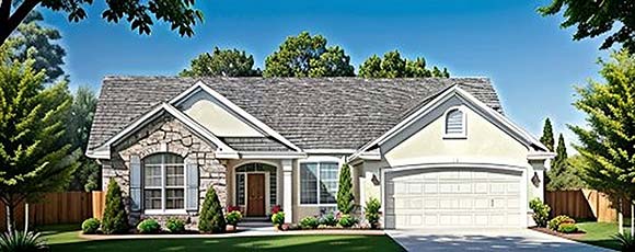 European, One-Story House Plan 62549 with 2 Beds, 2 Baths, 2 Car Garage Elevation