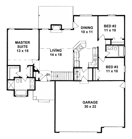 One-Story, Traditional House Plan 62551 with 3 Beds, 2 Baths, 3 Car Garage First Level Plan