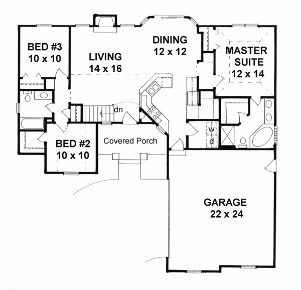 Bungalow, One-Story House Plan 62552 with 3 Beds, 2 Baths, 2 Car Garage Level One