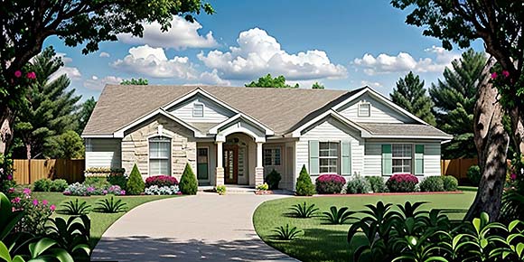 Bungalow, One-Story House Plan 62552 with 3 Beds, 2 Baths, 2 Car Garage Elevation