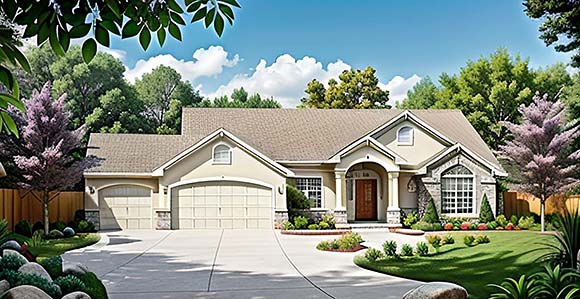 European, One-Story House Plan 62554 with 3 Beds, 2 Baths, 3 Car Garage Elevation