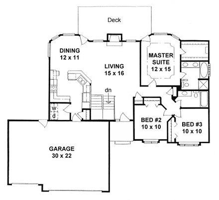One-Story, Traditional House Plan 62555 with 3 Beds, 2 Baths, 3 Car Garage First Level Plan