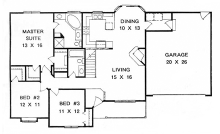 One-Story, Ranch House Plan 62562 with 3 Beds, 2 Baths, 2 Car Garage First Level Plan