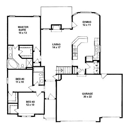 Traditional House Plan 62564 with 3 Beds, 2 Baths, 3 Car Garage First Level Plan