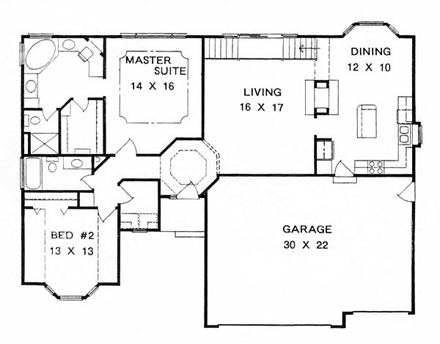 One-Story, Traditional House Plan 62566 with 2 Beds, 2 Baths, 3 Car Garage First Level Plan