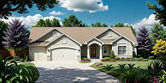 One-Story, Traditional House Plan 62573 with 3 Beds, 2 Baths, 3 Car Garage Elevation