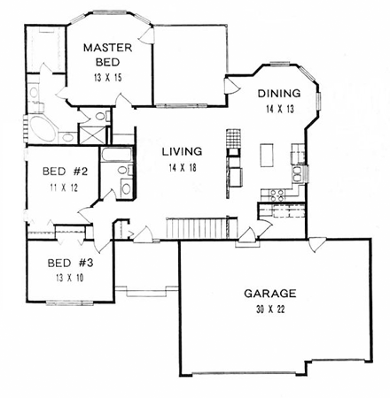 One-Story, Traditional House Plan 62575 with 3 Beds, 2 Baths, 3 Car Garage First Level Plan