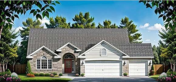 One-Story, Traditional House Plan 62575 with 3 Beds, 2 Baths, 3 Car Garage Elevation