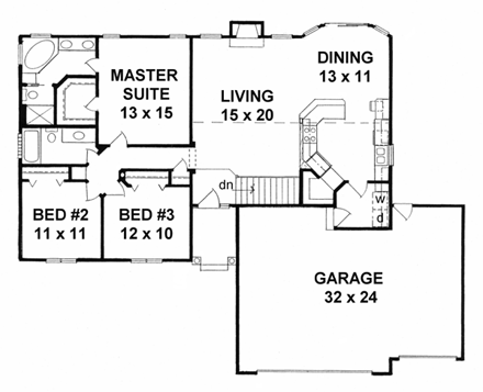 Traditional House Plan 62577 with 3 Beds, 2 Baths, 3 Car Garage First Level Plan