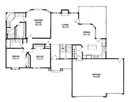 One-Story, Traditional House Plan 62585 with 3 Beds, 2 Baths, 3 Car Garage First Level Plan