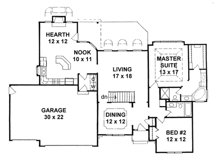 European House Plan 62588 with 2 Beds, 2 Baths, 3 Car Garage First Level Plan