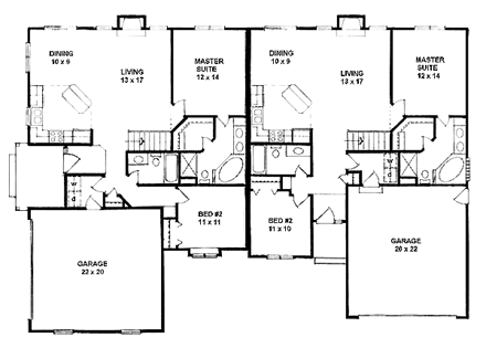 One-Story, Traditional Multi-Family Plan 62603 with 4 Beds, 4 Baths, 4 Car Garage First Level Plan