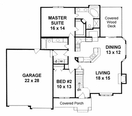Traditional House Plan 62613 with 2 Beds, 2 Baths, 2 Car Garage First Level Plan