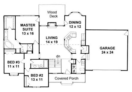 Ranch, Traditional House Plan 62624 with 3 Beds, 2 Baths, 2 Car Garage First Level Plan