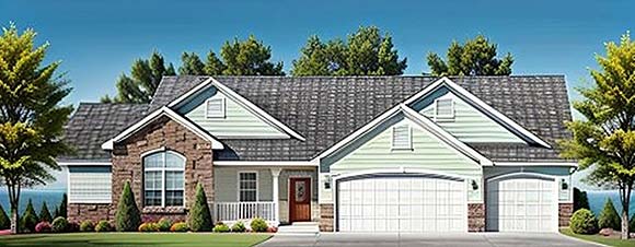 Ranch, Traditional House Plan 62625 with 3 Beds, 3 Baths, 3 Car Garage Elevation