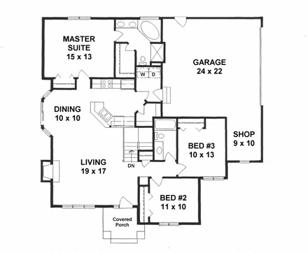 Traditional House Plan 62637 with 3 Beds, 2 Baths, 2 Car Garage First Level Plan