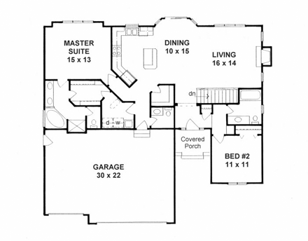 Traditional House Plan 62638 with 2 Beds, 3 Baths, 3 Car Garage First Level Plan