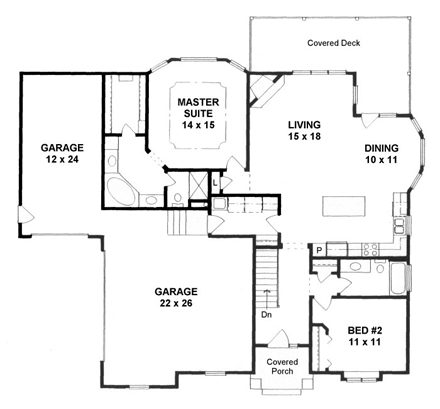 Traditional House Plan 62639 with 2 Beds, 2 Baths, 3 Car Garage First Level Plan