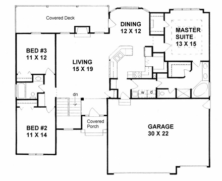 Traditional House Plan 62649 with 3 Beds, 2 Baths, 3 Car Garage First Level Plan
