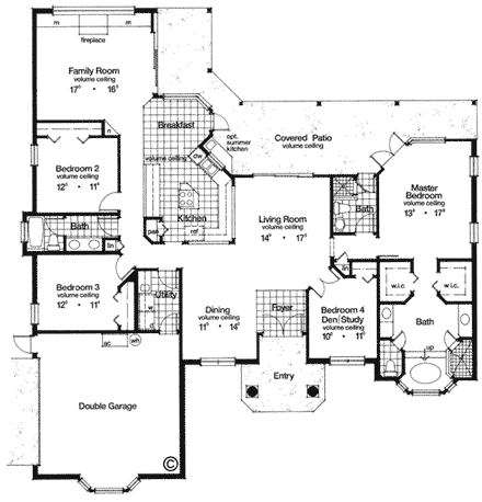 Florida, Mediterranean, One-Story House Plan 63005 with 4 Beds, 3 Baths, 2 Car Garage First Level Plan