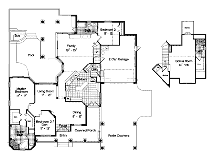 Bungalow, Mediterranean, Southern House Plan 63017 with 3 Beds, 3 Baths, 2 Car Garage First Level Plan