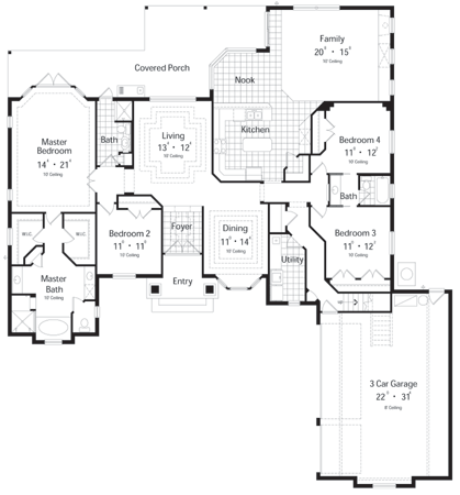 Mediterranean House Plan 63018 with 4 Beds, 4 Baths, 3 Car Garage First Level Plan