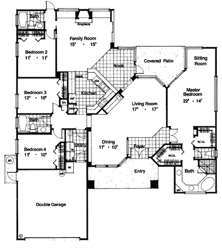 Mediterranean, One-Story House Plan 63043 with 4 Beds, 3 Baths, 2 Car Garage First Level Plan
