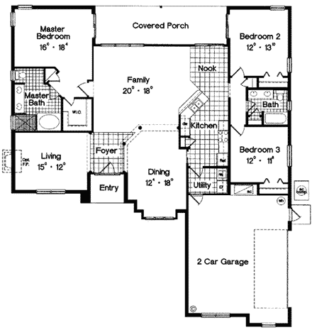 Mediterranean, One-Story House Plan 63052 with 3 Beds, 2 Baths, 2 Car Garage First Level Plan
