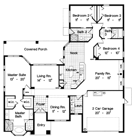 Mediterranean, One-Story House Plan 63107 with 4 Beds, 3 Baths, 2 Car Garage First Level Plan