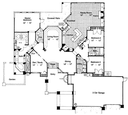 Florida, Mediterranean House Plan 63108 with 3 Beds, 3 Baths, 3 Car Garage First Level Plan