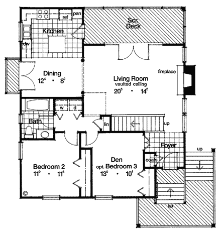 Coastal House Plan 63110 with 3 Beds, 2 Baths First Level Plan