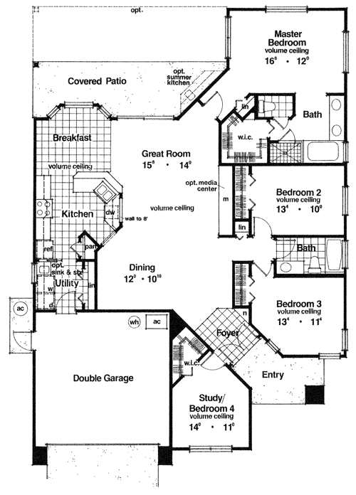 Mediterranean, One-Story House Plan 63114 with 3 Beds, 2 Baths, 2 Car Garage First Level Plan