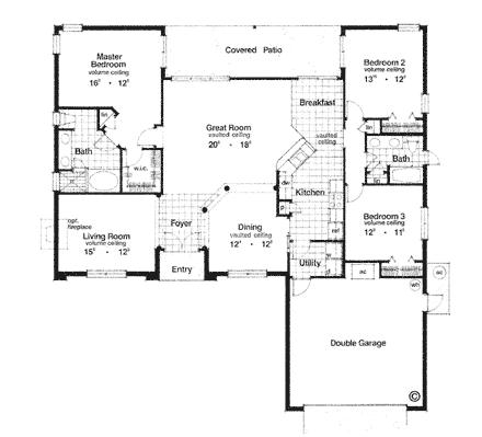 Mediterranean, One-Story House Plan 63125 with 3 Beds, 2 Baths, 2 Car Garage First Level Plan