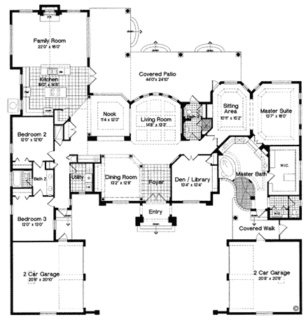 Florida, Mediterranean House Plan 63132 with 3 Beds, 3 Baths, 4 Car Garage First Level Plan
