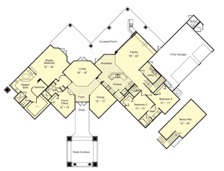 Florida, Mediterranean, One-Story House Plan 63133 with 4 Beds, 4 Baths, 3 Car Garage First Level Plan