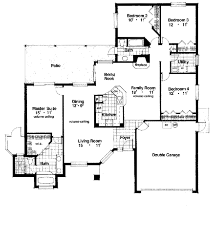Mediterranean, One-Story House Plan 63141 with 4 Beds, 2 Baths, 2 Car Garage First Level Plan