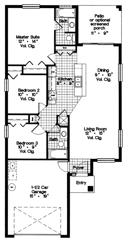 Contemporary, Florida, Mediterranean House Plan 63167 with 3 Beds, 2 Baths, 2 Car Garage First Level Plan