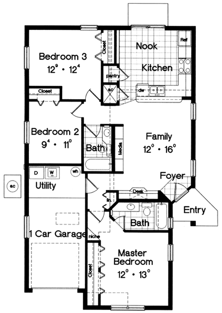 Florida, Narrow Lot House Plan 63168 with 3 Beds, 2 Baths, 1 Car Garage First Level Plan