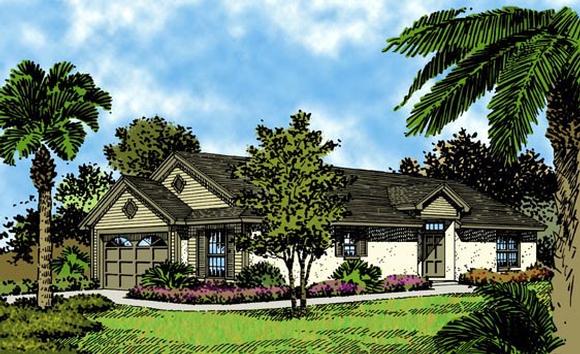 Colonial, Florida, Narrow Lot, One-Story, Traditional House Plan 63188 with 3 Beds, 2 Baths, 2 Car Garage Elevation