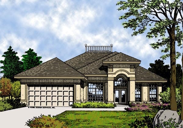 Contemporary, Florida, Mediterranean, Narrow Lot, One-Story House Plan 63198 with 3 Beds, 2 Baths, 2 Car Garage Elevation