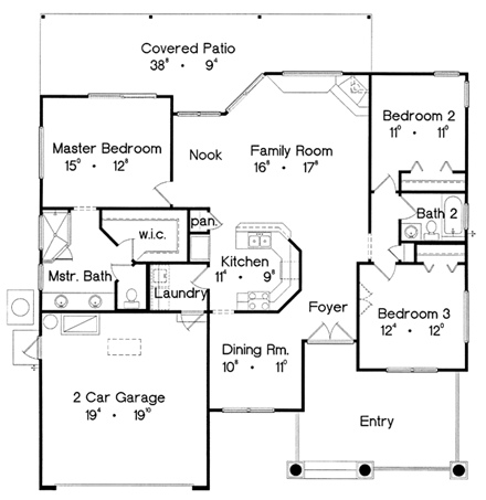 Country, Craftsman, Florida, Narrow Lot, One-Story, Traditional House Plan 63199 with 3 Beds, 2 Baths, 2 Car Garage First Level Plan