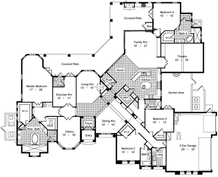 Florida, Mediterranean House Plan 63225 with 4 Beds, 6 Baths, 3 Car Garage First Level Plan