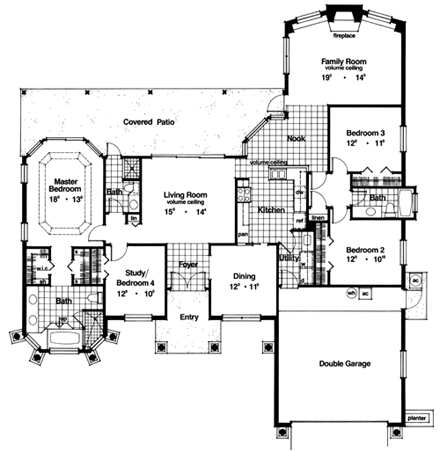 Contemporary, Florida, Mediterranean, One-Story House Plan 63253 with 4 Beds, 3 Baths, 2 Car Garage First Level Plan
