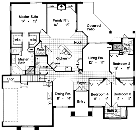 Contemporary, Florida, Mediterranean, One-Story House Plan 63261 with 4 Beds, 4 Baths, 2 Car Garage First Level Plan