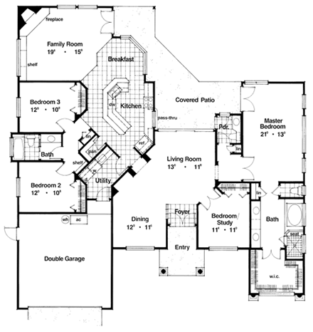 Contemporary, Florida, Mediterranean, One-Story House Plan 63279 with 4 Beds, 3 Baths, 2 Car Garage First Level Plan