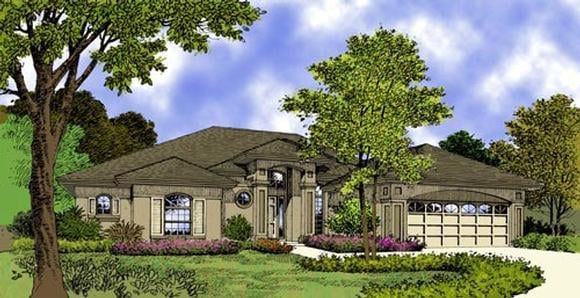 Contemporary, Florida, Mediterranean, One-Story House Plan 63296 with 3 Beds, 3 Baths, 2 Car Garage Elevation