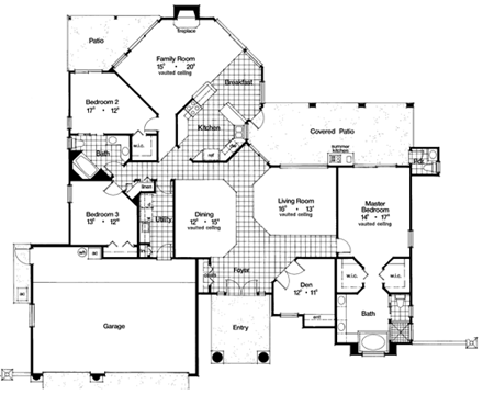 Contemporary, Florida, Mediterranean, One-Story House Plan 63322 with 3 Beds, 3 Baths, 3 Car Garage First Level Plan