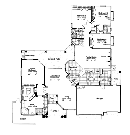 Contemporary, Florida, Mediterranean, One-Story House Plan 63335 with 4 Beds, 4 Baths, 3 Car Garage First Level Plan